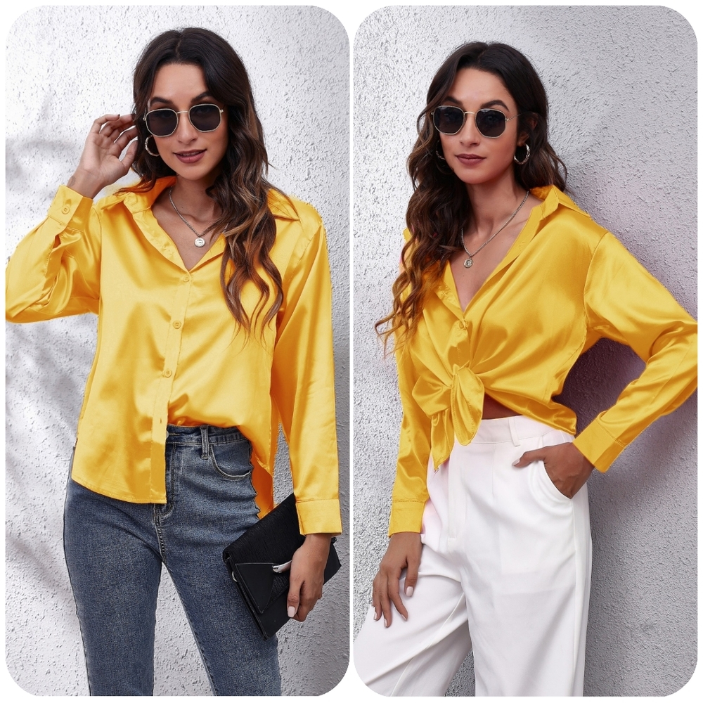 Golden Collared Neck Buttoned Long Sleeve Shirt